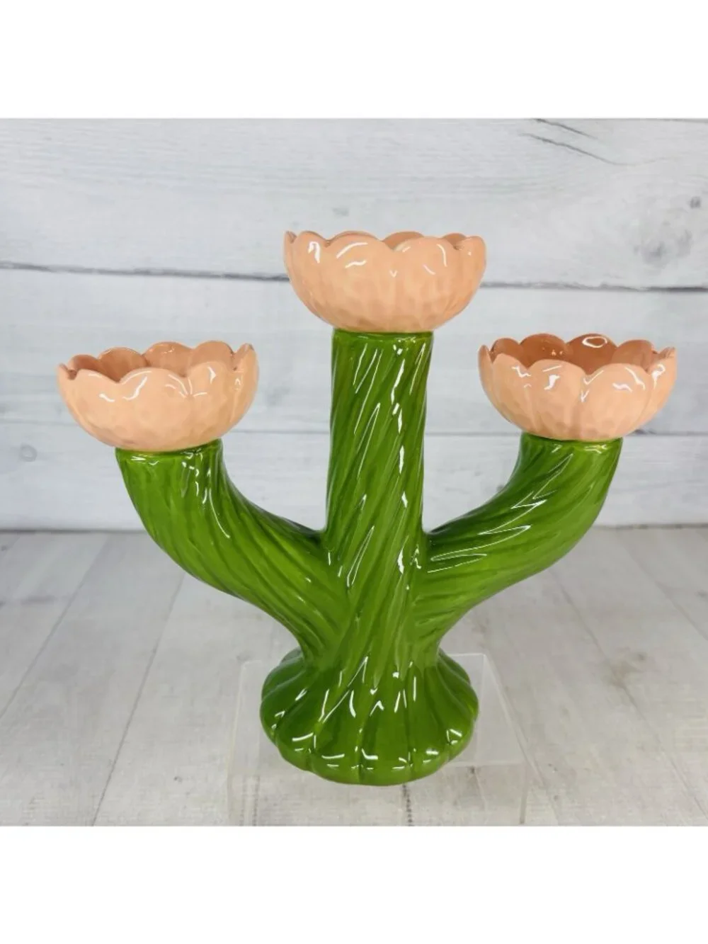 Threshold Target GREEN CACTUS Peach Flowers Ceramic Candle Holders Candelabra